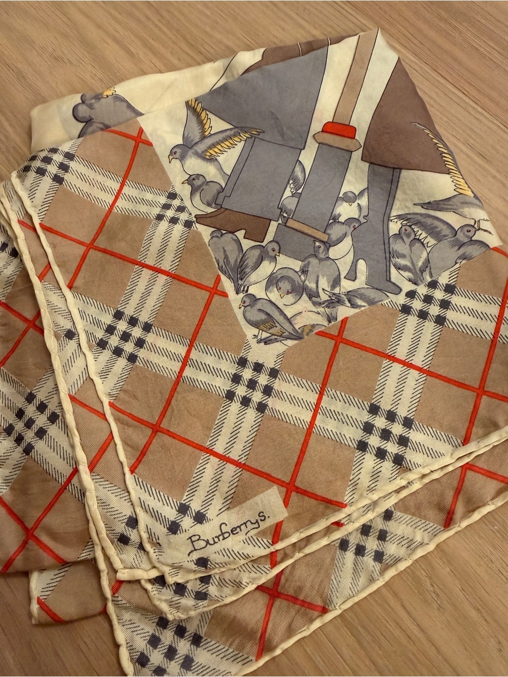 Burberry Beige Plaid Silk Scarf with Dove and Figure Motif
